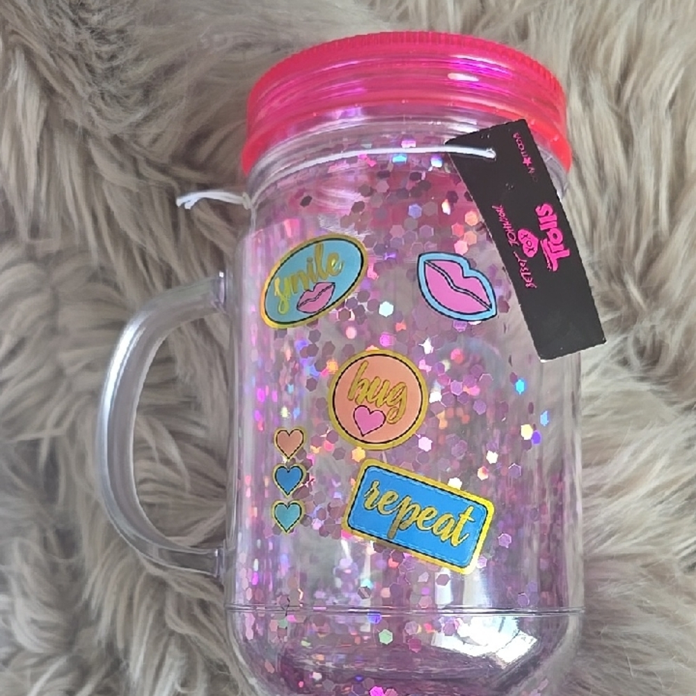 Betsey Johnson Trolls Pink Glitter Tumbler with Stickers